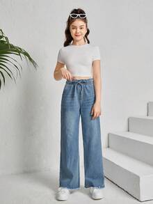 SHEIN 青少年女孩紙袋腰闊腿牛仔褲 - 中等水洗藍 - 查看 5