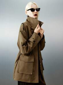 Airlisse 休闲立领抽绳腰部I型设计风衣 - 棕色 - 查看 5