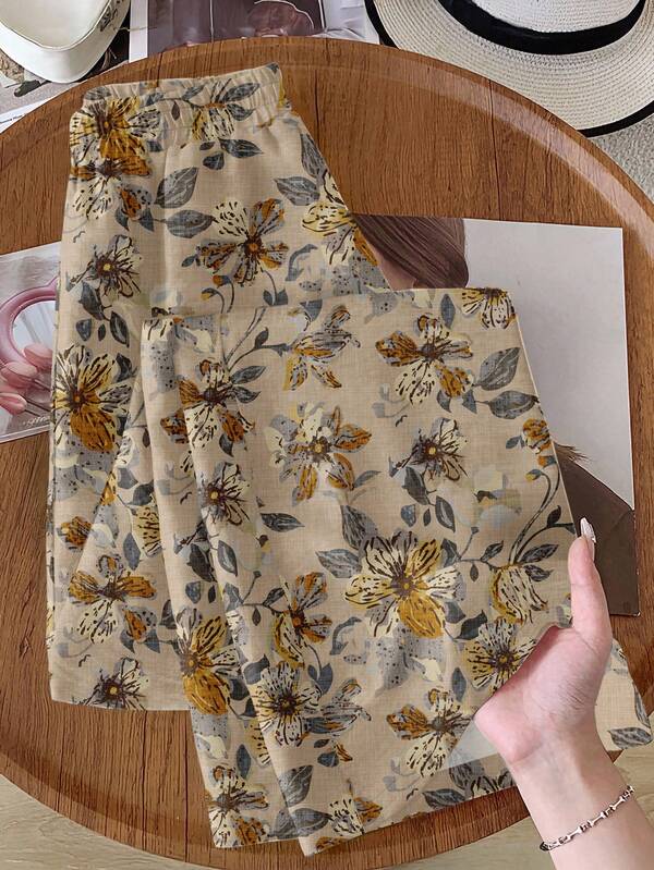 EMERY ROSE Pantalones casuales de talla grande para mujer con estampado floral vintage, cintura elástica y pierna ancha, para otoño/invierno