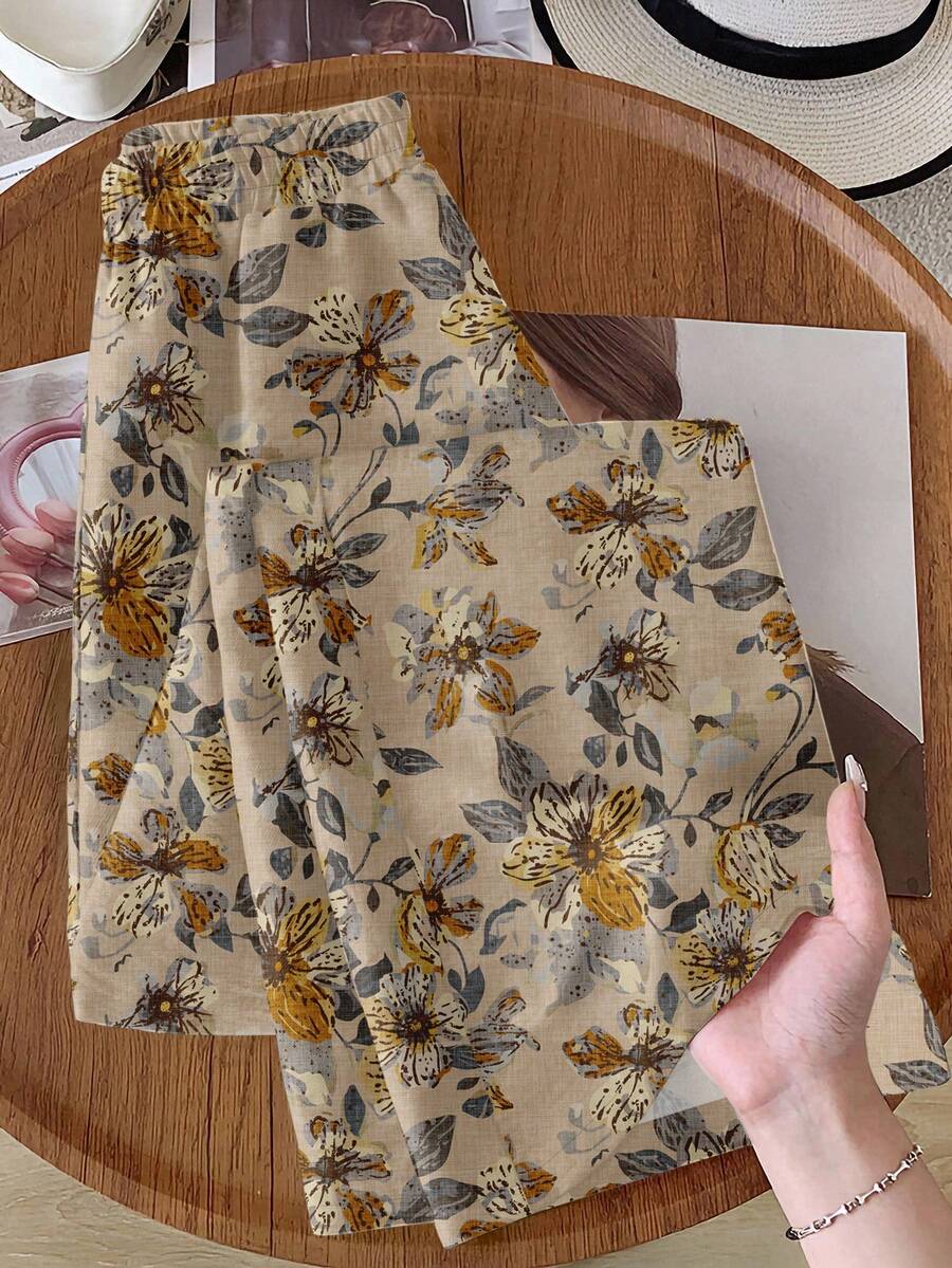 Rusticease 女款復古花卉彈性腰寬腿休閒印花長褲,秋冬商務休閒風 - 彩色 - 查看 1