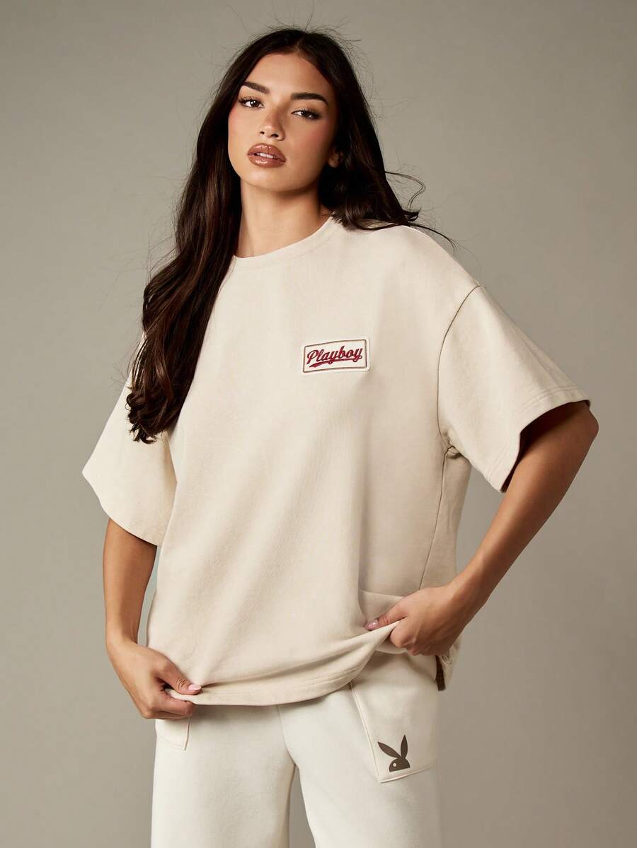 Missguided x Playboy Oversized Crew Neck Short Sleeve Cotton Tee With Logo Detail Casual Comfort Everyday Essential - Khaki - View 1