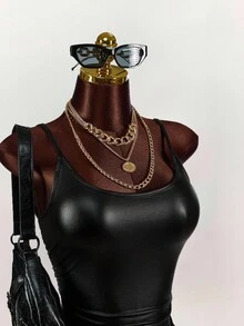 Amplova 女式简约纯色日常黑色 PU 侧开衩吊带裙 - 黑色 - 查看 5