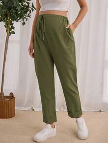 SHEIN 孕妇休闲日常可调节腰部斜口袋长裤 - 墨綠色 - 查看 1