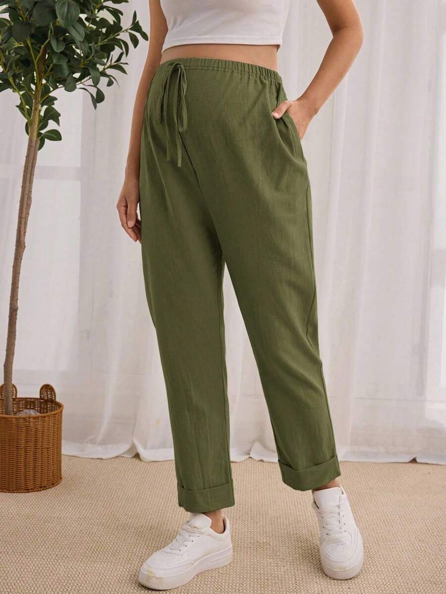 SHEIN 孕妇休闲日常可调节腰部斜口袋长裤 - 墨綠色 - 查看 1