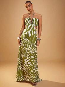 Hauture Front Cut Out Cross Over Halter Open Back Maxi Dress