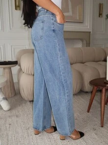 Durrani Popal Solid Color Loose Fit Wide Leg Long Denim Pants - Medium Wash - View 3