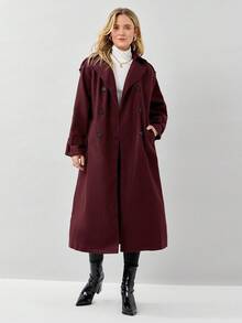 Miaspire Ancora Red 女士纯色立领双排扣休闲外套，秋冬款 - 酒紅色 - 查看 7