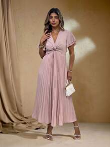 Roveilla 大码女式优雅 V 领短袖褶皱腰 A 字褶皱连衣裙