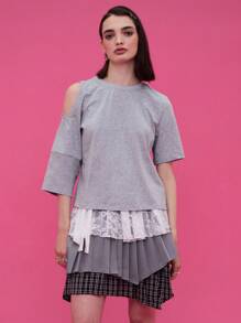 COUREZ Asymmetric Short Sleeve T-Shirt /Y2K Going Out Tops  Women Clothes  Clothes Cute - Grey - View 2