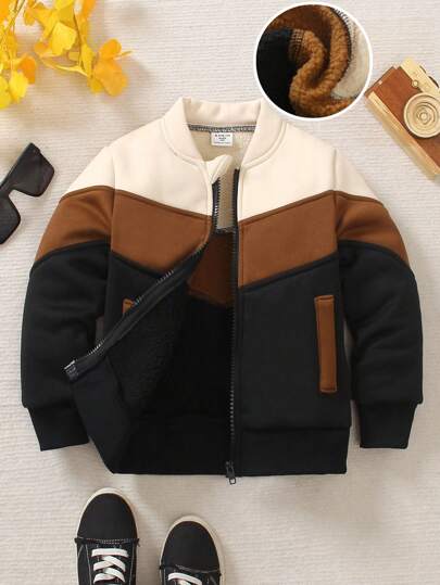 SHEIN 一件男童休闲三色拼接保暖长袖外套，简约时尚，彰显男童个性，适合4-7岁男童日常休闲穿着，适合返校季、秋冬季节。