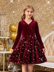 SHEIN Leap Crew Tween Girl Christmas Velvet Star Silver Foil Neck Long Sleeve Dress - Red - View 4