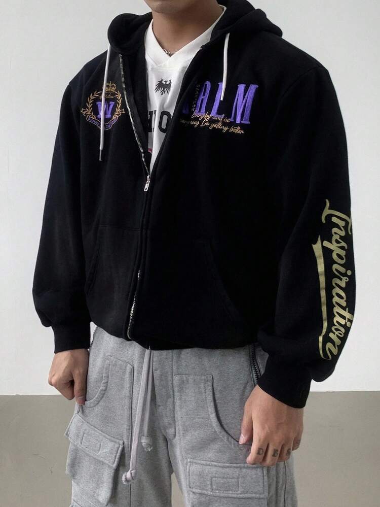 Men's Letter Embroidered Black Hooded Sweatshirt, Street Style Sweatshirt, Autumn