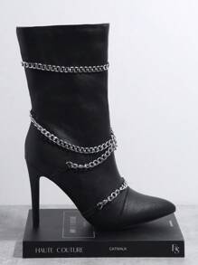 SHUZIA Botas dedo de pie puntiagudo con diseño de cadena estilete - Negro - Ver 6