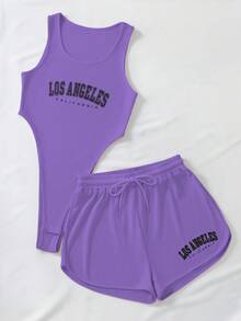 SHEIN Unity 2pcs/Set Sleeveless Bodysuit And Drawstring Casual Shorts Set - Purple - View 1