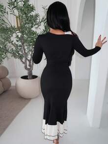 Durrani Popal 女士撞色蝴蝶结长袖连衣裙 - 杏色 - 查看 3