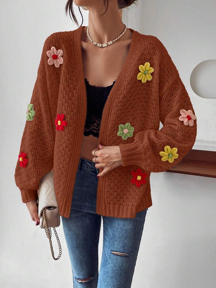 SHEIN LUNE 女式秋季3D花卉装饰落肩长袖针织开衫 - 棕色 - 查看 1