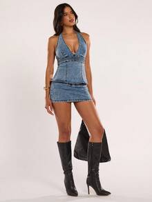 SHEIN BAE Women's Solid Color Halter Backless Fitted Denim Sleeveless Top - Light Wash - View 6