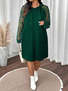 SHEIN LUNE Plus Size Women Lace Sleeve Patchwork Casual Dress Fall Cloth For Women - Green - View 4