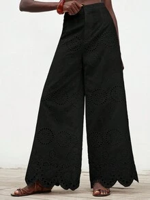 Aveloria Modichic 女士高腰宽松刺绣白色裤子，适合夏季度假 - 黑色 - 查看 4