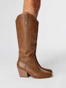 ROMWE Fairycore Bốt cao đến đầu gối bằng da, mũi nhọn màu nâu, đế dày, thêu họa tiết thời trang ngoài trời thu/đông 2025 - màu nâu - Xem 5