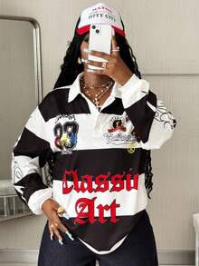 Coolane Women's Fall/Winter Going Out Streetwear Y2K Striped Graphics Sport Loose Long Sleeve Polo T-Shirt,Fall Tops