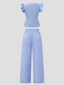 2pcs/Set Teen Girl Ruffle Trim Cap Sleeve Crop Top With Bow Decor And Loose Pants - Multicolor - View 2