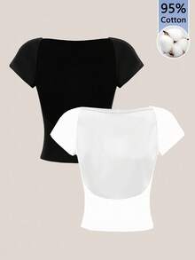 Tseoso 2pcs Sexy Women's Round Neck Backless Short Sleeve Crop Top Fit For Summer, Back To School, Early Autumn, 95% Cotton, Suitable For Summer, Vintage, Cute Summer Tops, Softgirl, Summer Outing Items, Home, Fall Women Clothes, Versatile,Teacher, Going Out Tops Women, Streetwear, Y2k Cotton Tops Tight Fitting Top Simple Tops Basic Tops Open Back Tops - Black and White - View 9