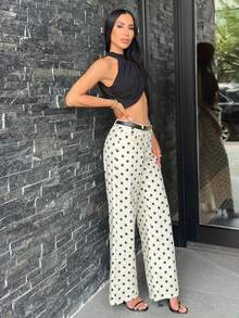 Carolina Barros Cute Polka Dot Spring Summer Dainty Denim Straight Leg Mid Rise Jeans Ibiza Holiday Casual - Beige - View 5