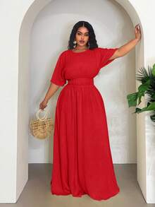 Veslaya 2025 Spring/Summer New Arrival, Vacation Casual & Daily Casual & Street Style & Elegant Party & Romantic, Solid Yellow, Drop Shoulder, Elastic Waist Ruched Flared Maxi Dress, Woven Textured Fabric, Plus Size Women