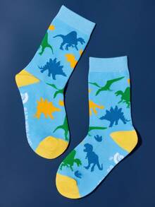 Discovery X SHEIN 2 Pairs Dinosaurs Boys Cotton Soft & Breathable Moisture-Wicking Kids Mid-Calf Socks Blue Cute Cartoon Crew Socks Reinforced Toe & Heel For Durability All Seasons All-Match School & Outdoor Summer Winter - Multicolor - View 3