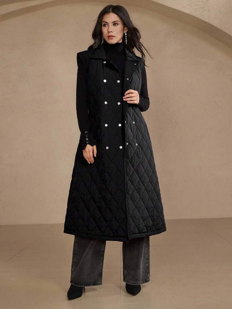 Women's Sleeveless Long Jacket Vest With Metal Buckle Belt, Adjustable Waist, Loose Fit, Business Casual, Suitable For Autumn & Winter Women Coats