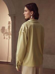 MOTF PREMIUM SOLID GUIPURE LACE APPLIQUES DETAIL DROP SHOULDER OVERSIZE SHIRT - Green - View 4