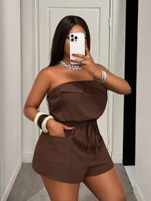 Slaydiva Bộ đồ liền thân dáng ngắn không tay màu xanh quân đội trơn, kiểu dáng mới cho mùa Xuân/Hè, thích hợp cho đi nghỉ mát, đi chơi và mặc hàng ngày, có túi hộp và dây rút ở eo, chất liệu vải dệt họa tiết, cỡ lớn. - màu nâu - Xem 5