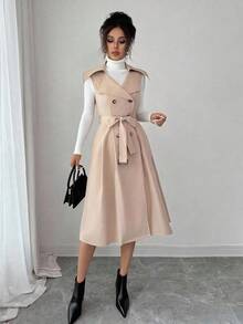 Elenzga 法式优雅无袖双排扣，系腰带 A 字高腰褶皱卡其色，百搭通勤复古翻领中长款风衣 - 卡其色 - 查看 5