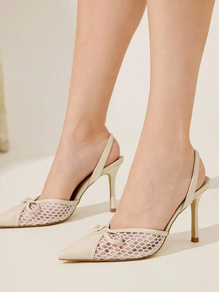 CUCCOO SZL 9.2cm Pointed Toe Elegant Fashion Pumps With Mesh Bow Decor, Beige PU