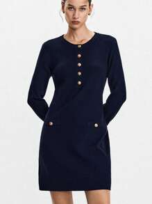 Lumivelle Women's Solid Color Round Neck Single-Breasted Casual Knit Sweater Dress Fall Winter Cloth For Women