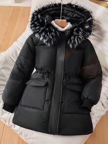 Girls' Padded Coat, Casual & Versatile, Hooded With Fur Collar Long Sleeve, Drawstring Waist, 2 Pockets, Resin Zipper Ribbed Cuffs, Suitable For School, Commuting, Outing In Autumn/Winter, Can Be Paired With Pants, Sweatpants, Hoodies, T-Shirts, Sweaters Fall - Black - View 3