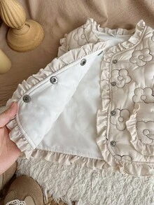 SHEIN 女宝宝优雅刺绣花卉荷叶边领无袖背心，适合秋冬季 - 杏色 - 查看 7