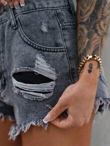 SAYEHFBABY 破洞毛边牛仔短裤 - 淺灰色 - 查看 3