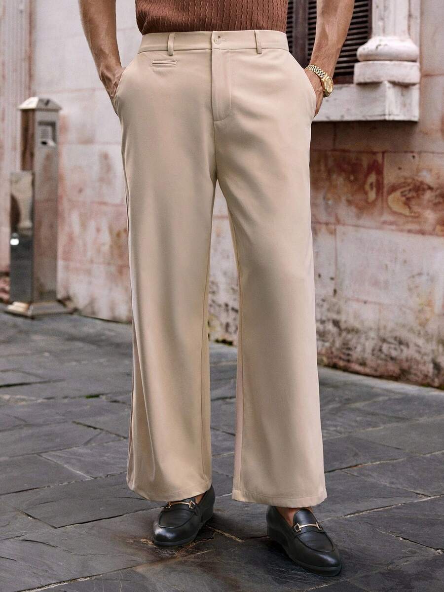 HIMLAND Men's Casual Woven Mid-Waist Wide Leg Pants, Suitable For Daily Wear Beige Pants For Men Men Flared Pants With Split Sides Men Flared Dress Pants Western Pants, For Fall, Old Money