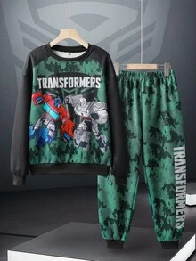 Transformers X SHEIN Tween Boy 休闲时尚街头迷彩机器人字母图案卫衣和运动裤套装，春秋季 - 彩色 - 查看 1