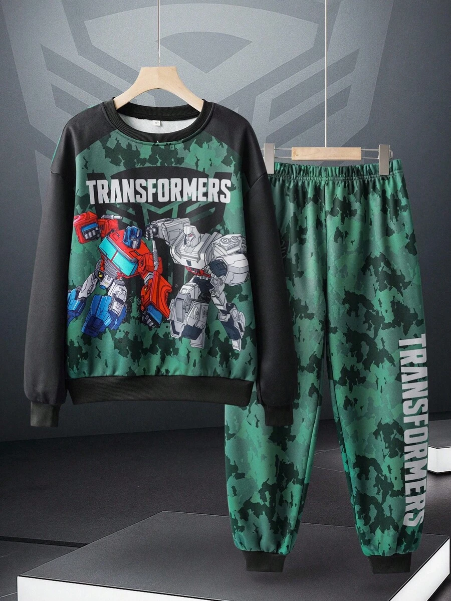 Transformers X SHEIN Tween Boy 休闲时尚街头迷彩机器人字母图案卫衣和运动裤套装，春秋季 - 彩色 - 查看 1