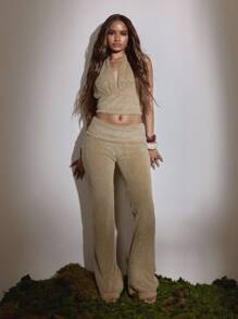 MUSERA Foldover Knit Fur Flared Trousers Cute Country Western Night Out Back To School Casual Sync Summer - Grey - View 5