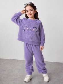 SHEIN 2 件套年轻女孩秋季双面羊毛运动衫和裤子套装，适合日常休闲穿着