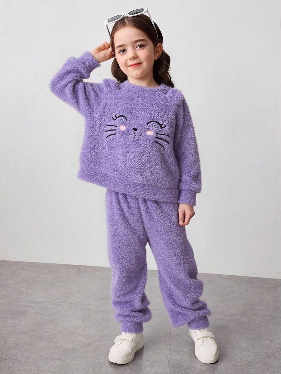 SHEIN 2 件套年轻女孩秋季双面羊毛运动衫和裤子套装，适合日常休闲穿着