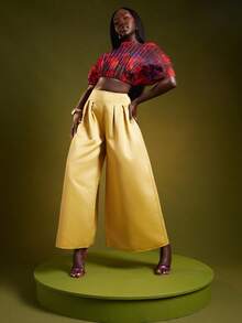 NYA SZN 女式高腰褶皱飘逸半身裙，适合特殊场合、婚礼宾客、新娘派对、舞会、生日活动等场合的秋季服装 - 黃色 - 查看 1