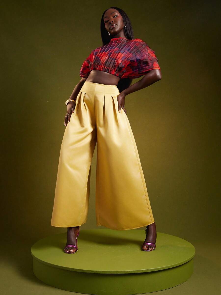 NYA SZN 女式高腰褶皱飘逸半身裙，适合特殊场合、婚礼宾客、新娘派对、舞会、生日活动等场合的秋季服装 - 黃色 - 查看 1