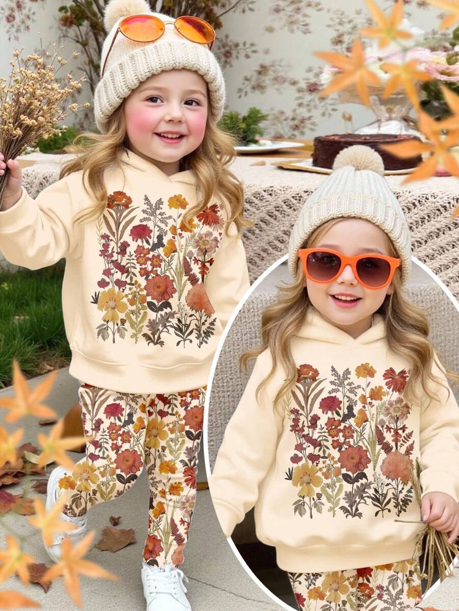 SHEIN 2 件套女婴休闲花卉图案宽松落肩连帽卫衣和裤子套装