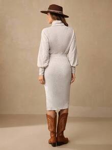 Wildy 女式休闲纯色高领开衩下摆日常针织连衣裙，秋冬 - 杏色 - 查看 3