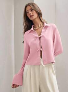 COSMINA 女式纯色卡其色前系带长袖简约商务休闲工作衬衫，休闲日常穿着秋季 - 粉色 - 查看 7